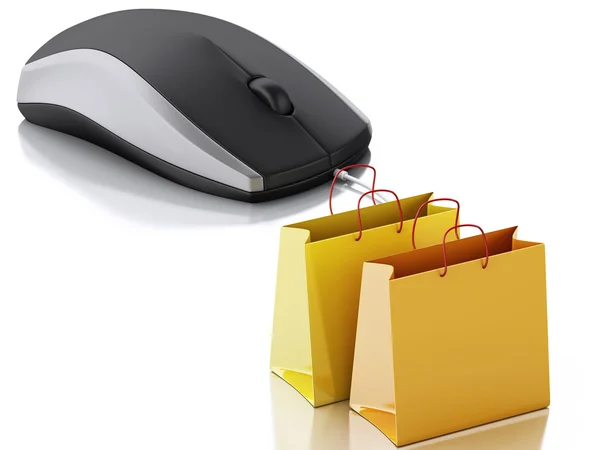 3d computer mouse with shopping bags. E-commerce — 스톡 사진
