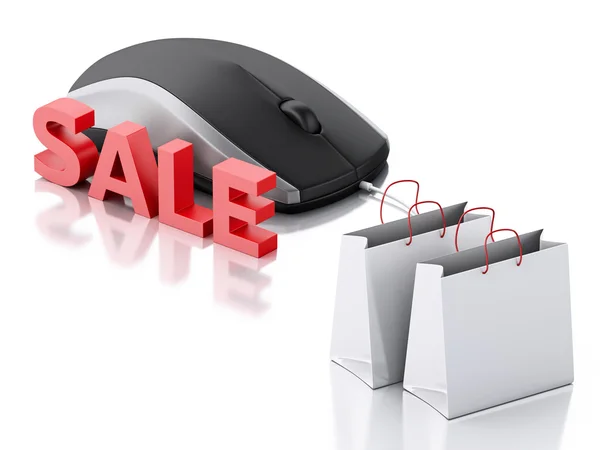 3d computer mouse with shopping bags. E-commerce — 图库照片