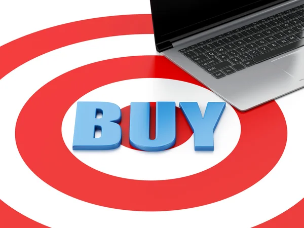 3d Laptop pc and buy text on target. E-commerce concept — 스톡 사진