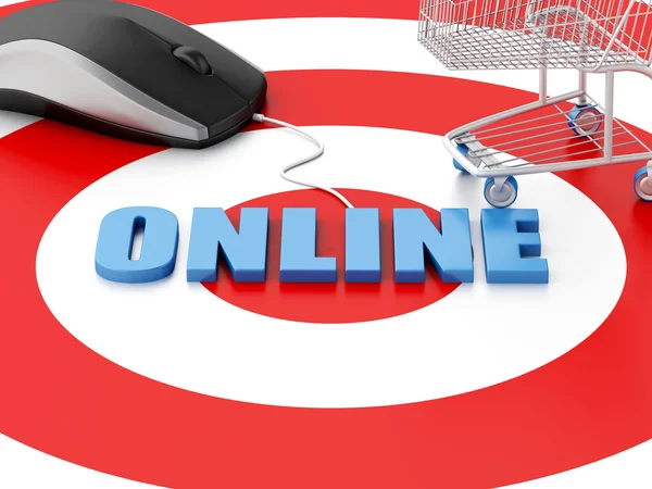 3d computer mouse and Shopping cart on target. E-commerce concep — Stock Photo, Image