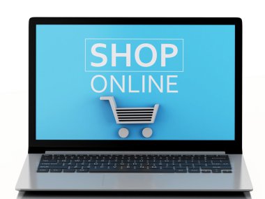 3D alışveriş sepeti laptop. e-ticaret kavramı