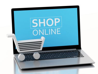 3D alışveriş sepeti laptop. e-ticaret kavramı