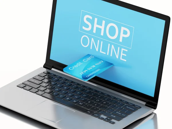 3D laptop pc s kreditní kartou. Online nákup — Stock fotografie