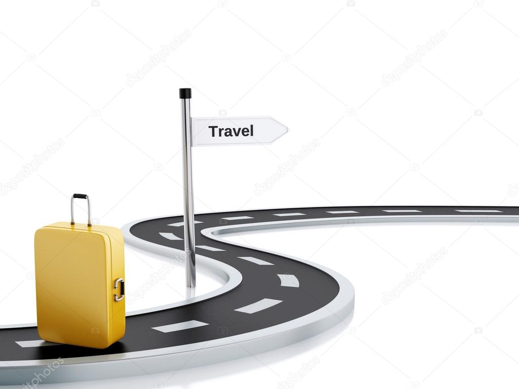 3d illustration of travel road sign, suitcase and road
