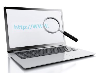 3d web search with magnifying glass on laptop. Internet concept clipart