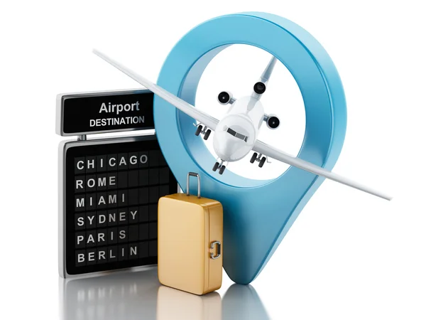 3D Διοικητικό Συμβούλιο αεροδρόμιο, βαλίτσες ταξιδίου και αεροπλάνο. Έννοια του ταξιδιού — Φωτογραφία Αρχείου
