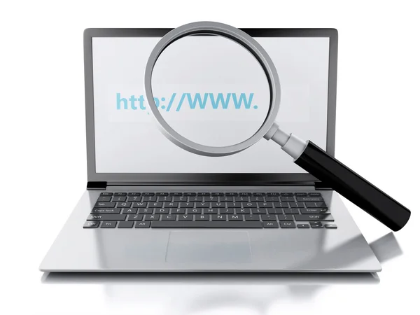 3d búsqueda web con lupa en el ordenador portátil. Concepto de Internet —  Fotos de Stock