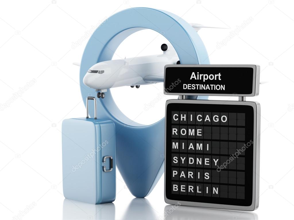  3d airport board, travel suitcases and airplane. Travel concept