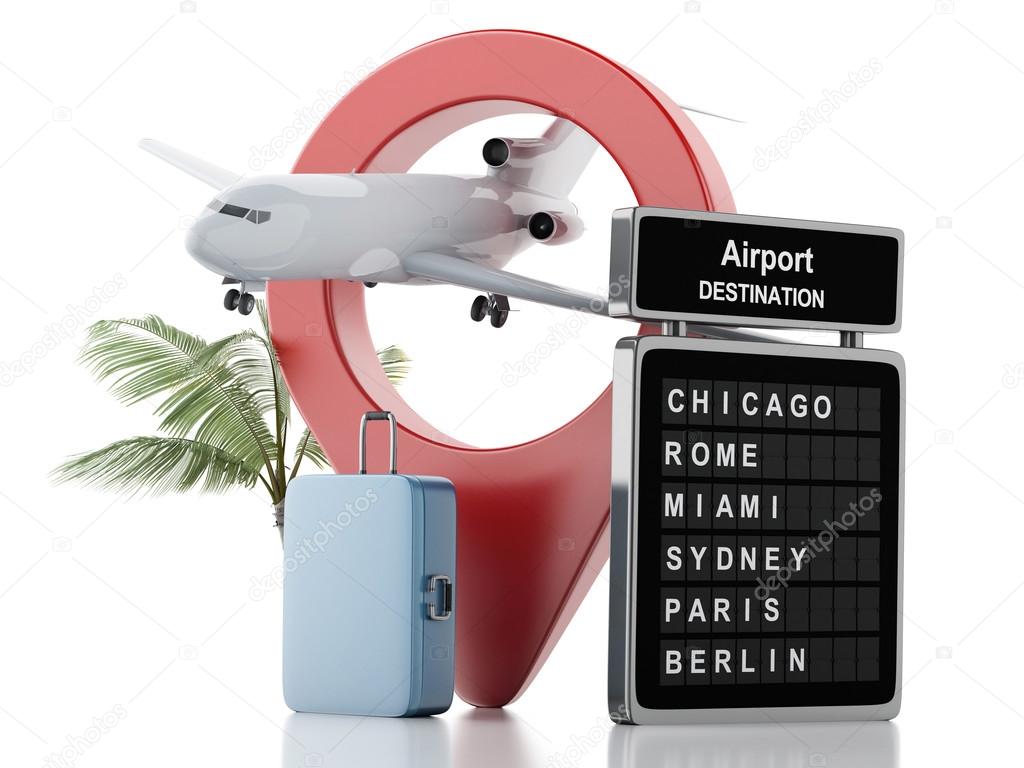  3d airport board, travel suitcases and airplane. Travel concept