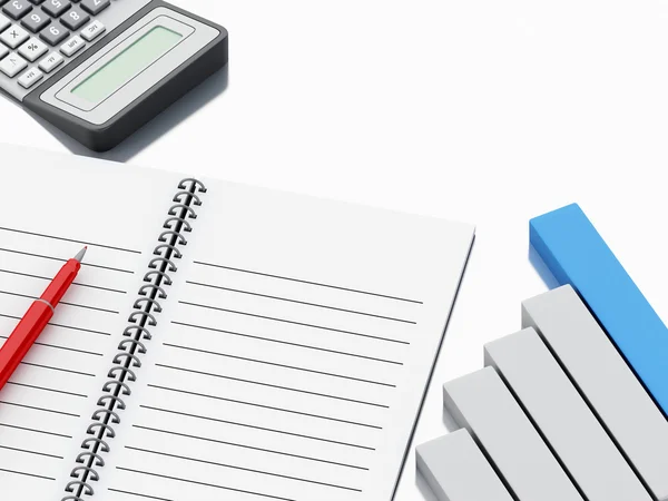 3d Notepad with bar graph and office calculator — Stock Photo, Image