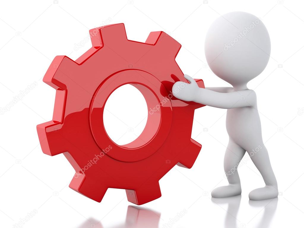 3d White business people pushes a red gear