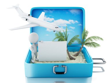 3d white people with signboard in a travel suitcase. Summer conc