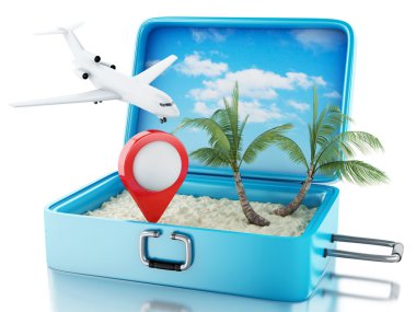 3d Airplane and map pointer in a travel suitcase.