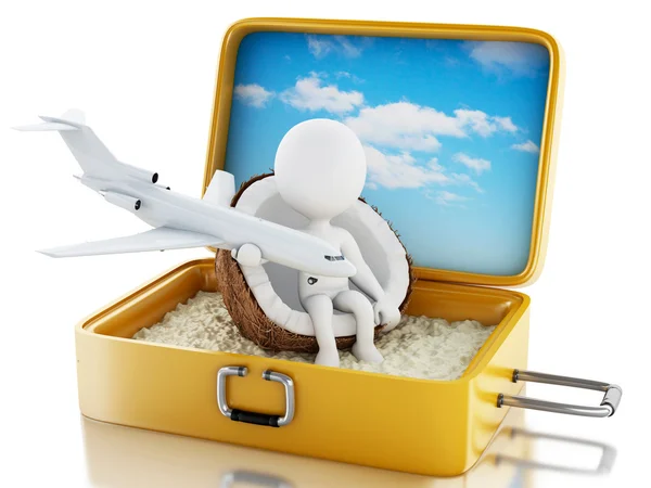 3D weiße Menschen in einem Reisekoffer. Strandurlaub — Stockfoto