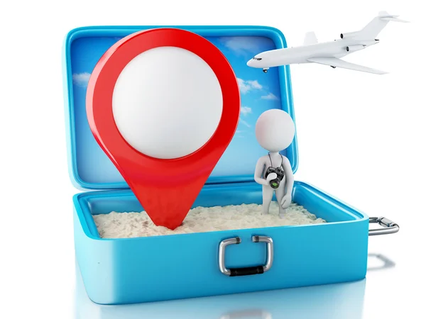3d white people with map pointer in a travel suitcase — Stock Fotó