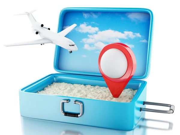 3d Airplane and map pointer in a travel suitcase. — Stock Fotó