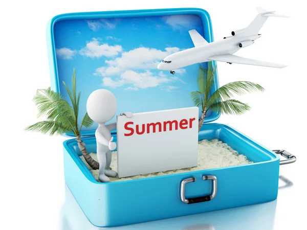 3d white people with signboard in a travel suitcase. Summer conc — Stockfoto