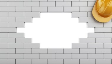 Kask, beyaz arka plan üzerinde izole ile 3D kırık tuğla duvar