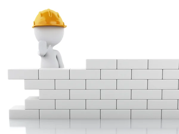 3d pessoas brancas construindo uma parede de tijolo . — Fotografia de Stock