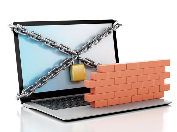 3D-laptop med lock och tegel vägg. Brandväggen koncept. — Stockfoto