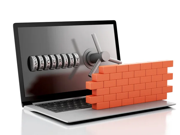 3D-laptop met combinatieslot en bakstenen muur. Firewall concept — Stockfoto