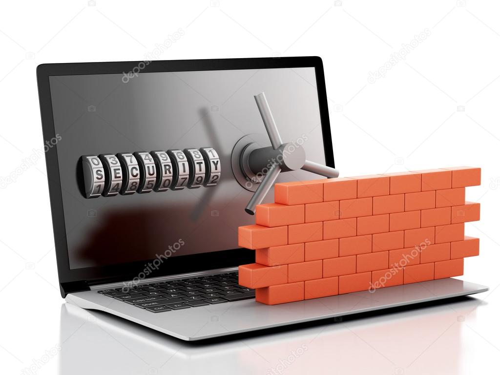3d Laptop with combination Lock and brick wall. Firewall concept