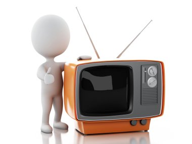 Retro bir tv ile 3D beyaz insanlar.