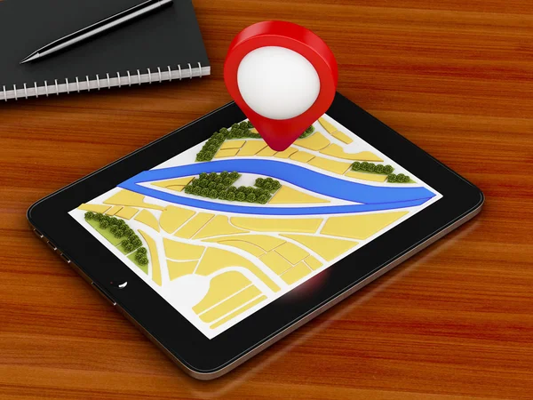 3D планшетний ПК з картою навігатора і позначкою вказівника на місті . — стокове фото