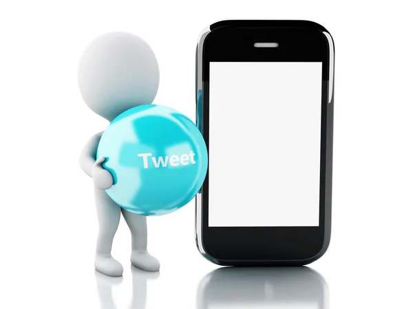 3d personas blancas con teléfono inteligente y tweet burbuja —  Fotos de Stock