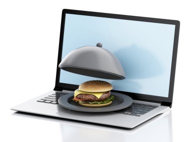 3D dizüstü bilgisayar. Online ve Internet gıda teslim kavramı.