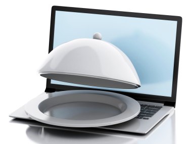 Restoran cloche ile 3D dizüstü bilgisayar. Online yemek teslim kavramı.