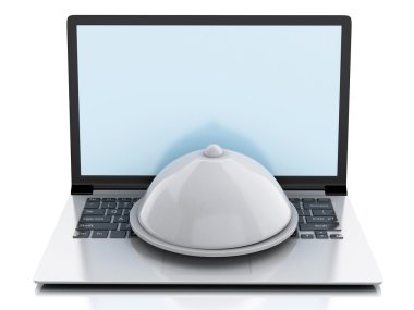 Restoran cloche ile 3D dizüstü bilgisayar. Online yemek teslim kavramı.