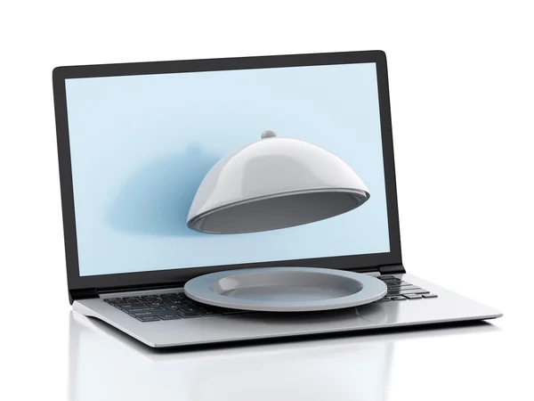 3D-Laptop mit Restaurant Cloche. Konzept der Online-Essensausgabe. — Stockfoto