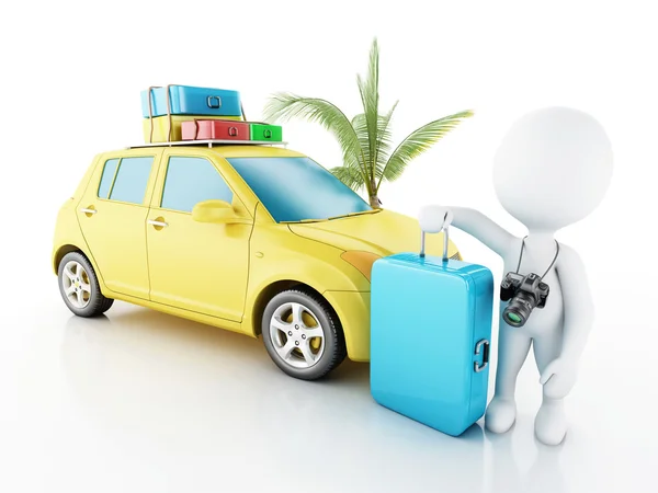 3d white people with car and travel suitcases. — Stock Photo, Image