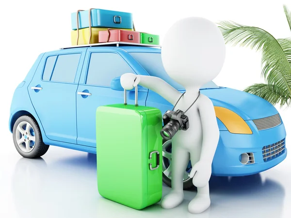 3D bílých lidí s autem a cestovní kufry. — Stock fotografie