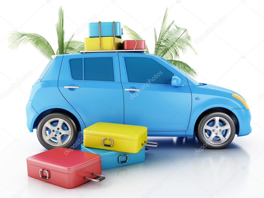 3d car with travel suitcases.