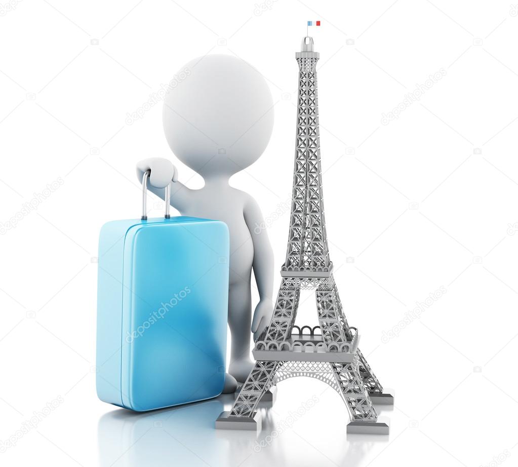 3d White people and Eiffel tower, travel to paris concept.