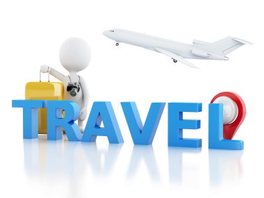 3D adam turist ile seyahat bavul ve fotoğraf makinesi