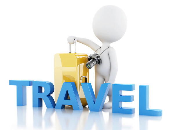 3d White people. Tourist with travel suitcases and camera. Isolated white background
