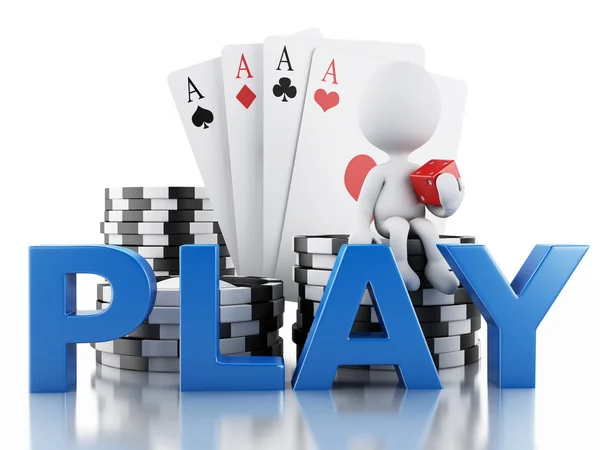 3D bílých lidí s casino tolkens, kostky a karty. — Stock fotografie