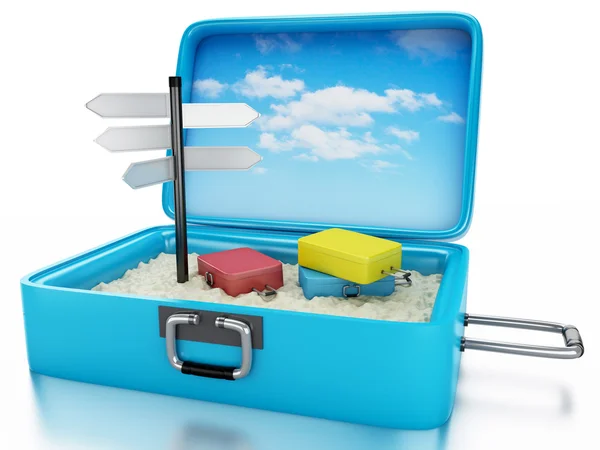 3D podróż walizki. Koncepcja lato wakacje — Zdjęcie stockowe