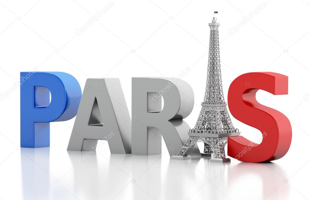 3d Paris word with eiffel tower.