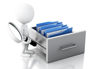 3D beyaz insanlar inceliyor dosya dolabı.