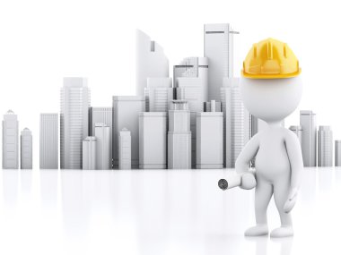 planları ve kask ile 3D beyaz insanlar.
