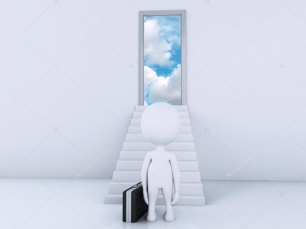 3d white people climbs the ladder to the doors of heaven.
