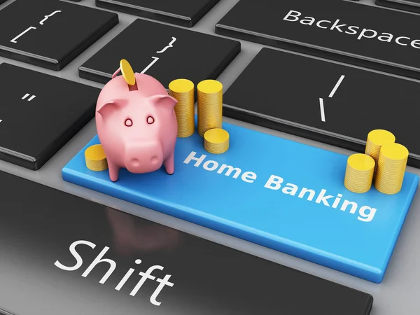 3D Piggy banco com moedas no teclado do computador — Fotografia de Stock