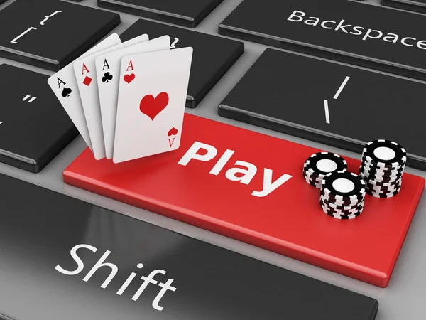 3 d のカジノ チップやコンピューターのキーボード上のカード — ストック写真