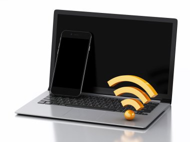 3D dizüstü pc, Smartphone ve wifi simgesi.