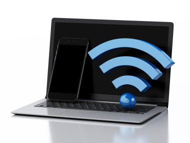 3D dizüstü pc, Smartphone ve wifi simgesi.