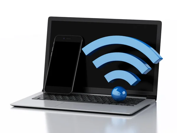 3d Laptop pc, Smartphone and wifi icon. — Stock Photo, Image